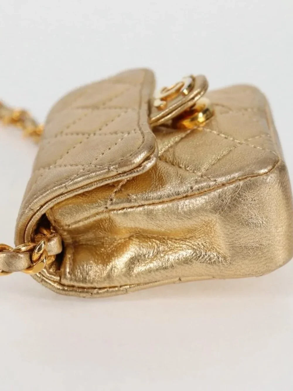 CHANEL Mini Mini Matelasse 7 Chain Bag Lamb Skin Gold Tone CC Auth 120870SAV
